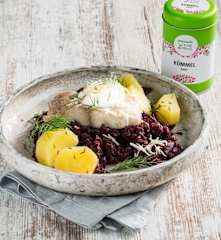 Wels mit Kümmel-Borschtsch