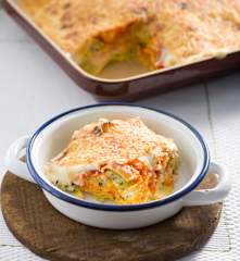 Lasaña de raviolis con requesón y jamón