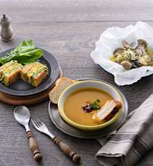 法式野菜蒸糕&蒜香奶油蛤蜊、咖哩南瓜濃湯