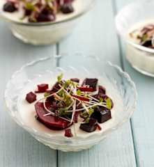 Goat's Cheese Panna Cotta with Beetroot and Port Jelly, Beetroot Gel and Beetroot Pickles