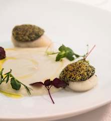 Richard Toix - Saint-jacques en croûte d'algue et purée de topinambour au chocolat blanc