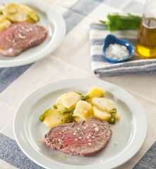 Solomillo de ternera al vapor con patatas panadera para dos