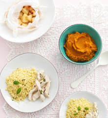Straccetti di pollo con cous cous, purea di carote e mela