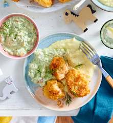 Backfisch-Nuggets mit Kräuter-Dip und Kartoffelpüree