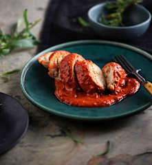 Sous-vide Chicken Ballotine with Red Pepper Sauce