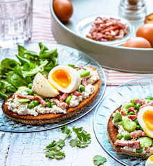 Tartine de chèvre frais, fèves, petits pois, lardons et œuf mollet