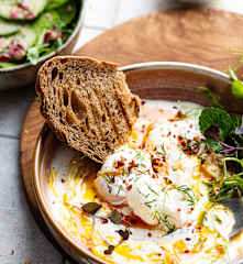 Turkish Eggs on Greek Yoghurt with Toast and Green Salad