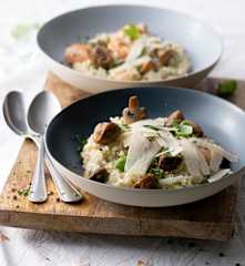 Risoto cremoso de cogumelos e camarão