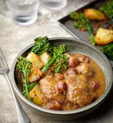 Pork Cheek and Cherry Stew with Roast Potatoes and Tenderstem Broccoli