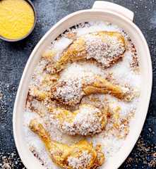 Cuisse de poulet en croûte de sel, pommes de terre épicées