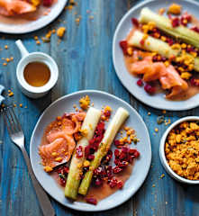 Poireaux, betteraves et truite fumée, crumble paprika