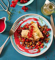 Kabeljau mit Johannisbeersauce und Linsen-Gemüse
