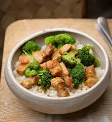 Pork Belly, Steamed Broccoli and Sesame Rice