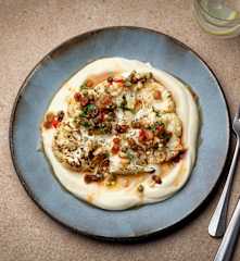 Roasted Cauliflower Steaks with Salsa and Purée