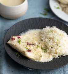 Rodaballo al cava con arroz basmati