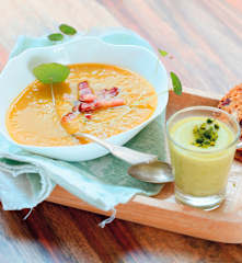 Velouté de légumes nouveaux et crème dessert pistache