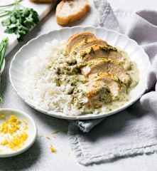 Hühnerstreifen mit Zitronen-Kräutersauce und Reis