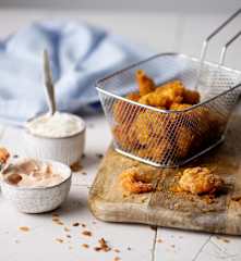 Popcorn Prawns with Vegan Aioli and Cocktail Sauce