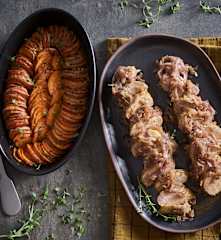 Pork Tenderloin and Roasted Sweet Potatoes with Port Sauce
