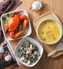 秋甲鍋-白酒蛤蜊+清蒸大沙公+南瓜杏鮑菇粥