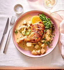 Coq à l'orange mit Kohlrabi und Champignons