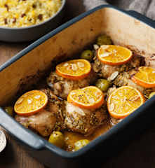 Orange-roasted Chicken Thighs with Green Olives and Basmati Rice