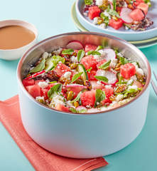 Watermelon Salad with Creamy Balsamic Dressing and Candied Nuts
