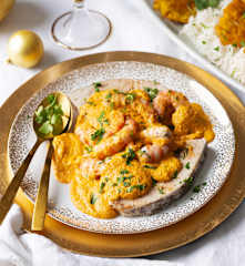 Encocado de emperador con langostinos