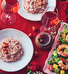 Menù: Risotto alle fragole, insalata di gamberi e crema al cioccolato piccante (2 persone) (Bimby Friend)