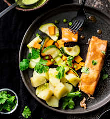 Menu with Ginger-Pea Soup, Lemon Salmon, Broccoli and Potatoes
