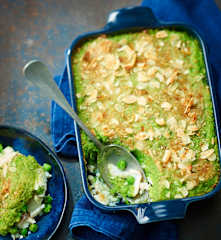 Parmentier de merlu, purée de courgettes et petits pois