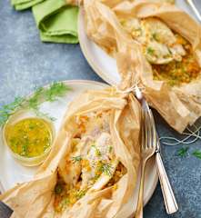 Papillote de merlan et semoule de légumes