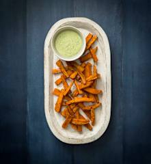 Peri peri sweet potato fries with coriander yoghurt sauce