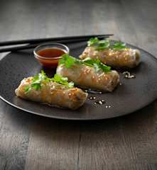 Pork and shiitake mushroom rice paper rolls with Holy Trinity sauce