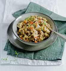 Salade d'orge tiède aux légumes-poulet