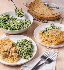 High Protein mac 'n cheese with pea and broccoli salad