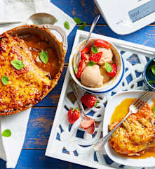 Gratin d'aubergine et comté - Yaourt glacé à la fraise et basilic