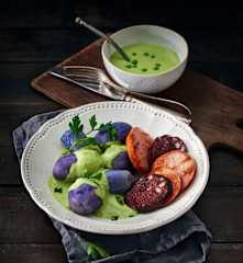 Pommes de terre bleues-crème de petits pois