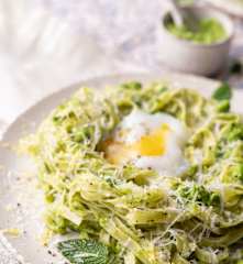 Tagliatelle with Pea Pesto and Poached Eggs