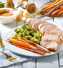 Pork Tenderloin with Carrots and Pesto Potatoes