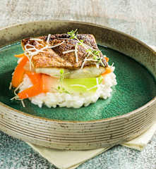 Saiblingsfilets auf Krenrisotto und Frühlingsgemüse