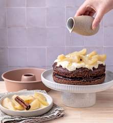 Steamed chocolate cake and poached pears