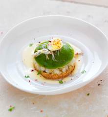 Œuf en robe verte, topinambour et sabayon acidulé (Zone 8)