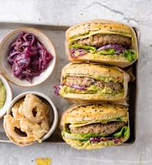 Gluten-free Burgers with Guacamole and Onion Rings