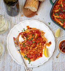 Calamari tray bake with pil pil and risoni