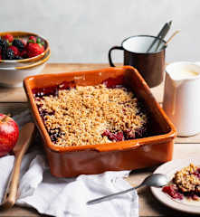 Fruit crumble with crème anglaise