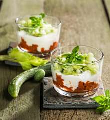 Paradeisergranita mit Sellerie-Gurken-Salat