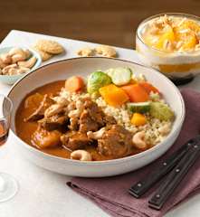 Menü: Lammragout mit Gemüse und Bulgur; Orangendessert​