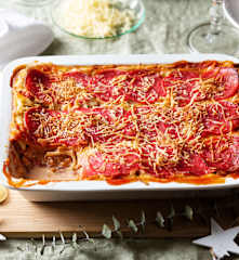 Boloñesa gratinada de lentejas y salami