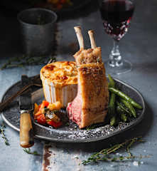 Lamb Chops with Ratatouille, Beans and Potato Gratin